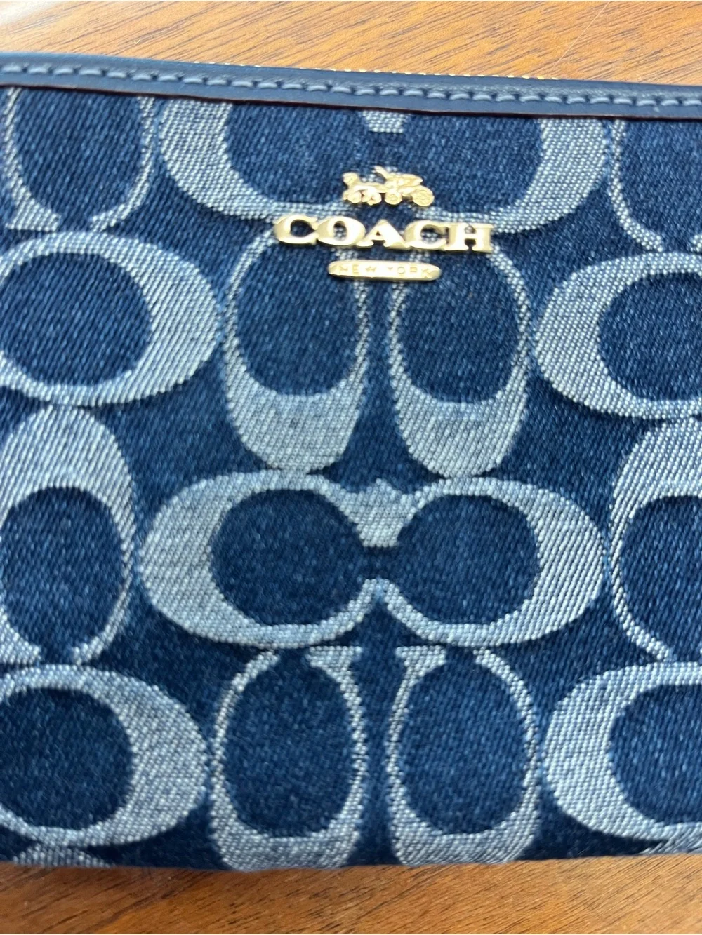 Coach Blue Signature Logo Wristlet with Brown Strap